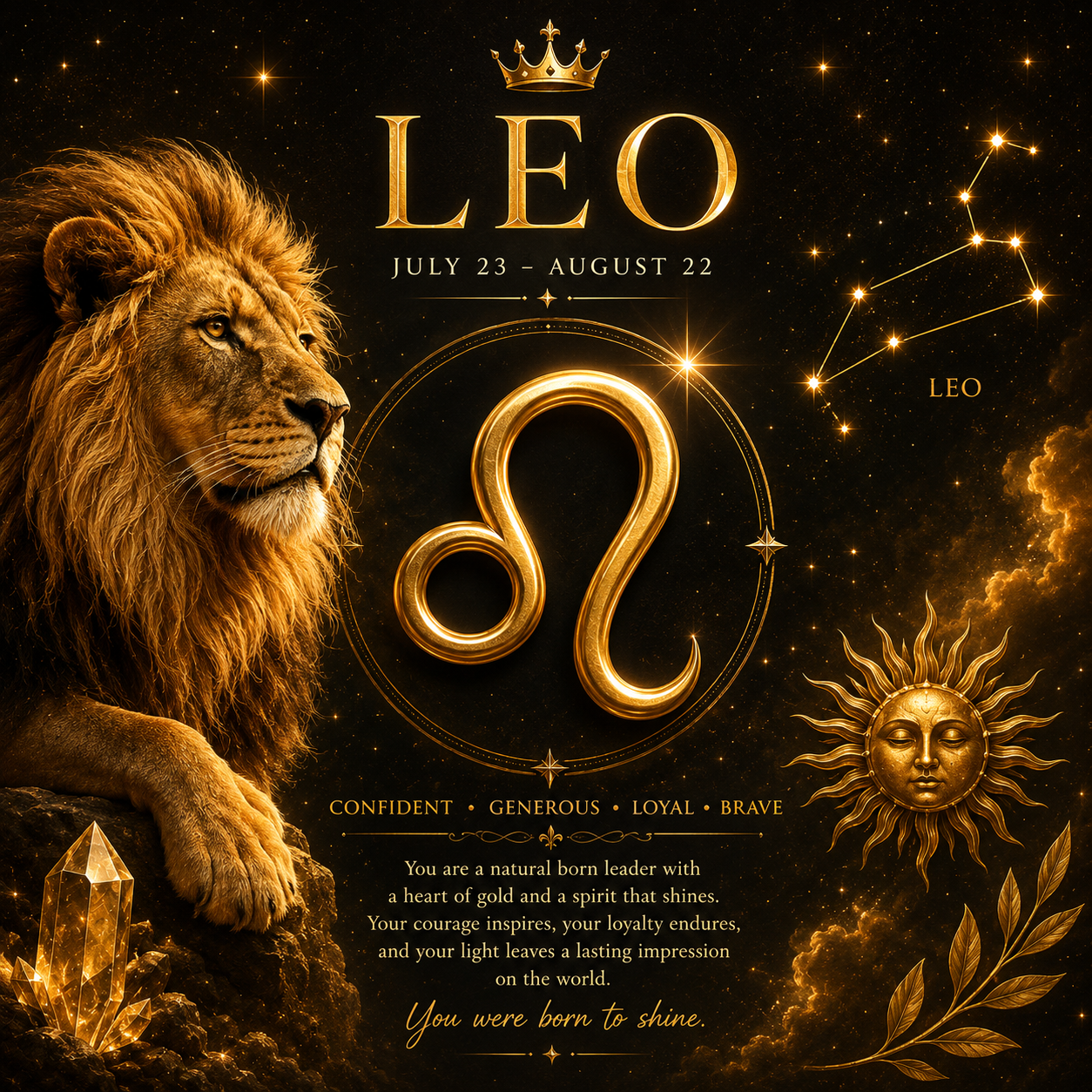 Golden Leo zodiac lion symbol shining brightly against a cosmic backdrop