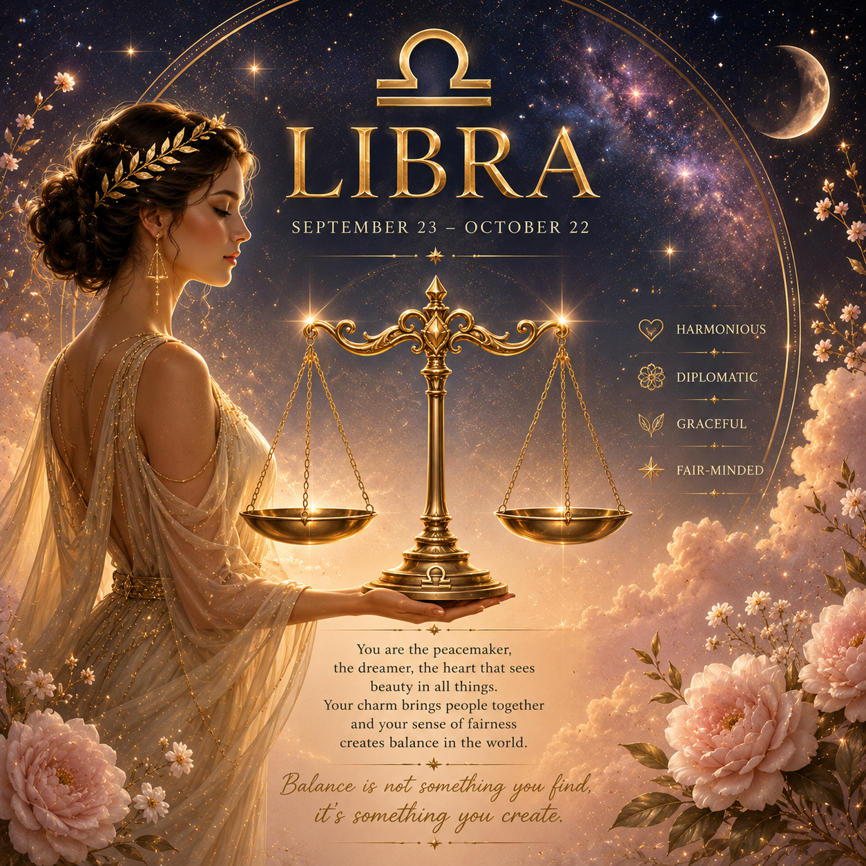 Balanced Libra zodiac scales symbol surrounded by an astrology chart line art.