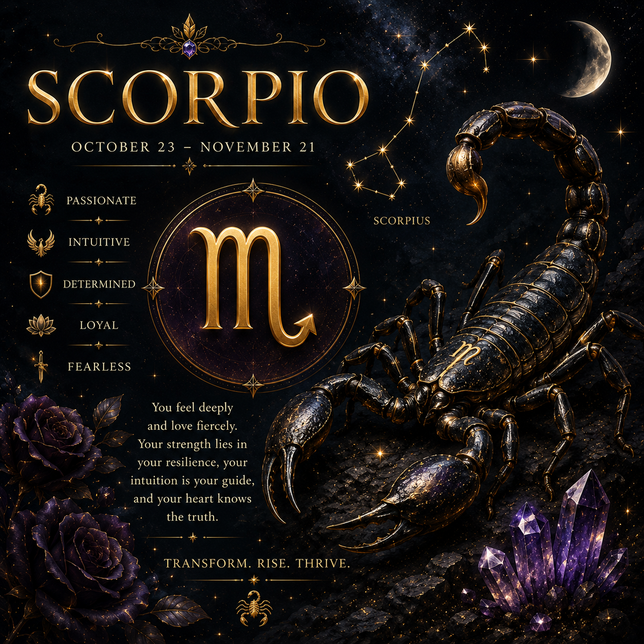 Sleek and modern Scorpio scorpion zodiac sign emblem on a starry sky.