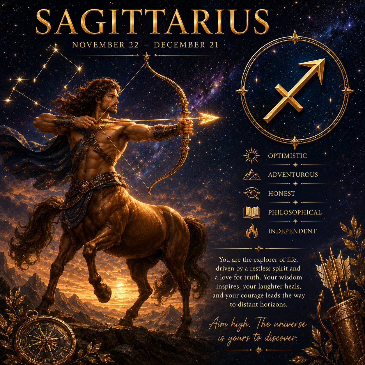 Sagittarius centaur archer zodiac sign symbol aiming an arrow into space.