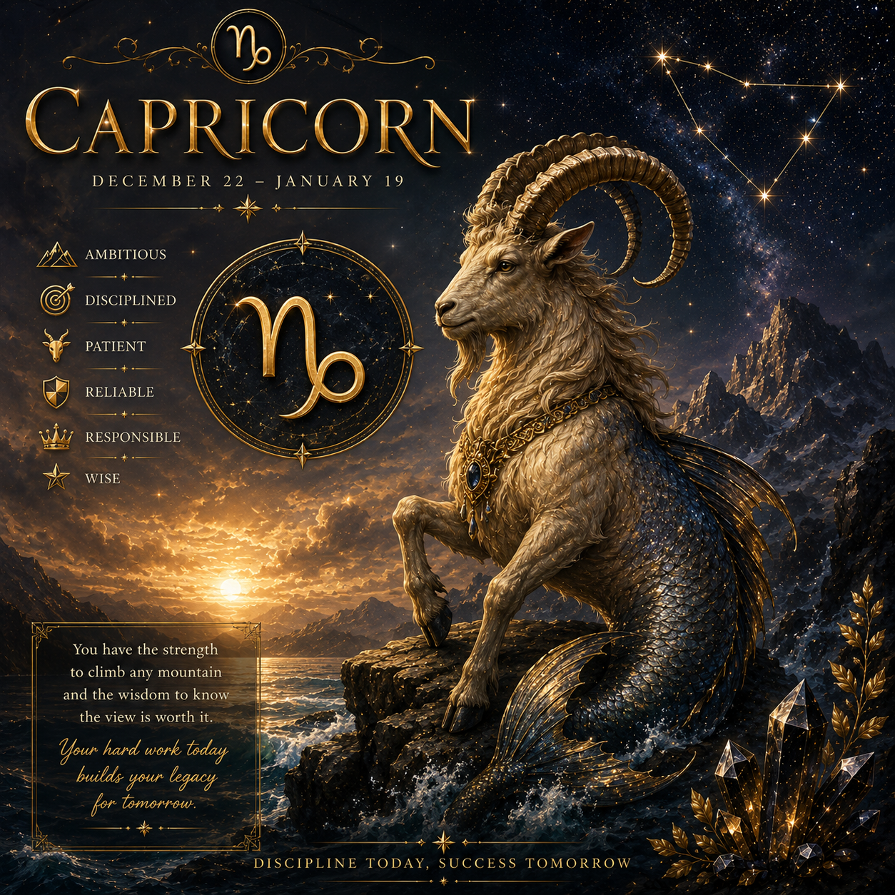 Classic Capricorn sea-goat zodiac sign icon drawn in fine gold lines.