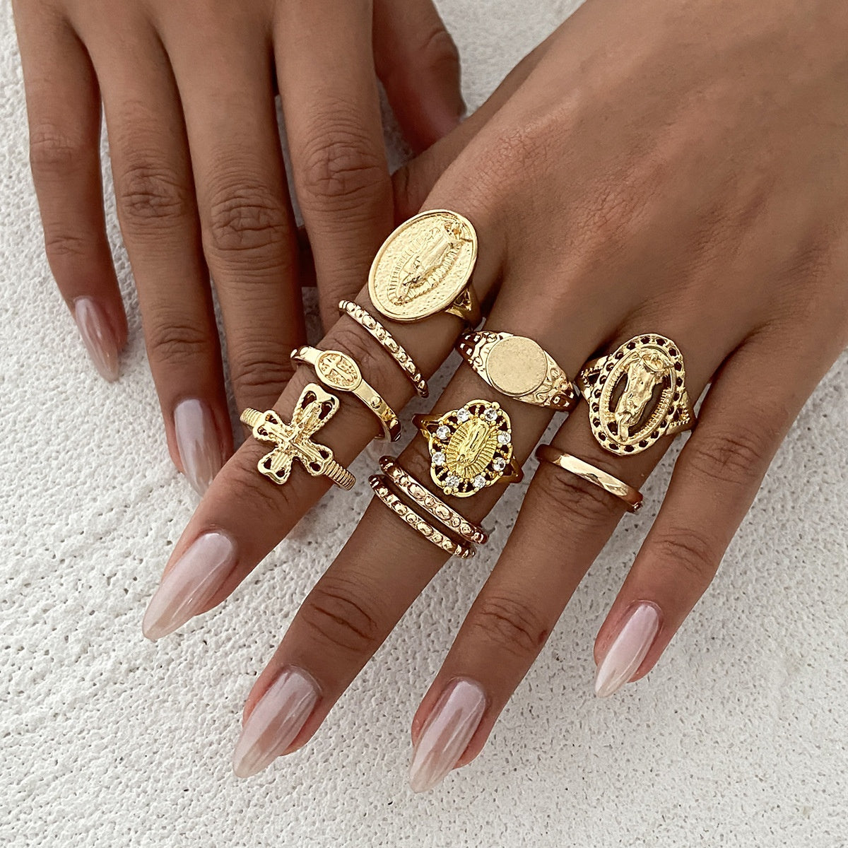 Leaf Crown Geometric Articulation Rings 6 Piece Combination Rings