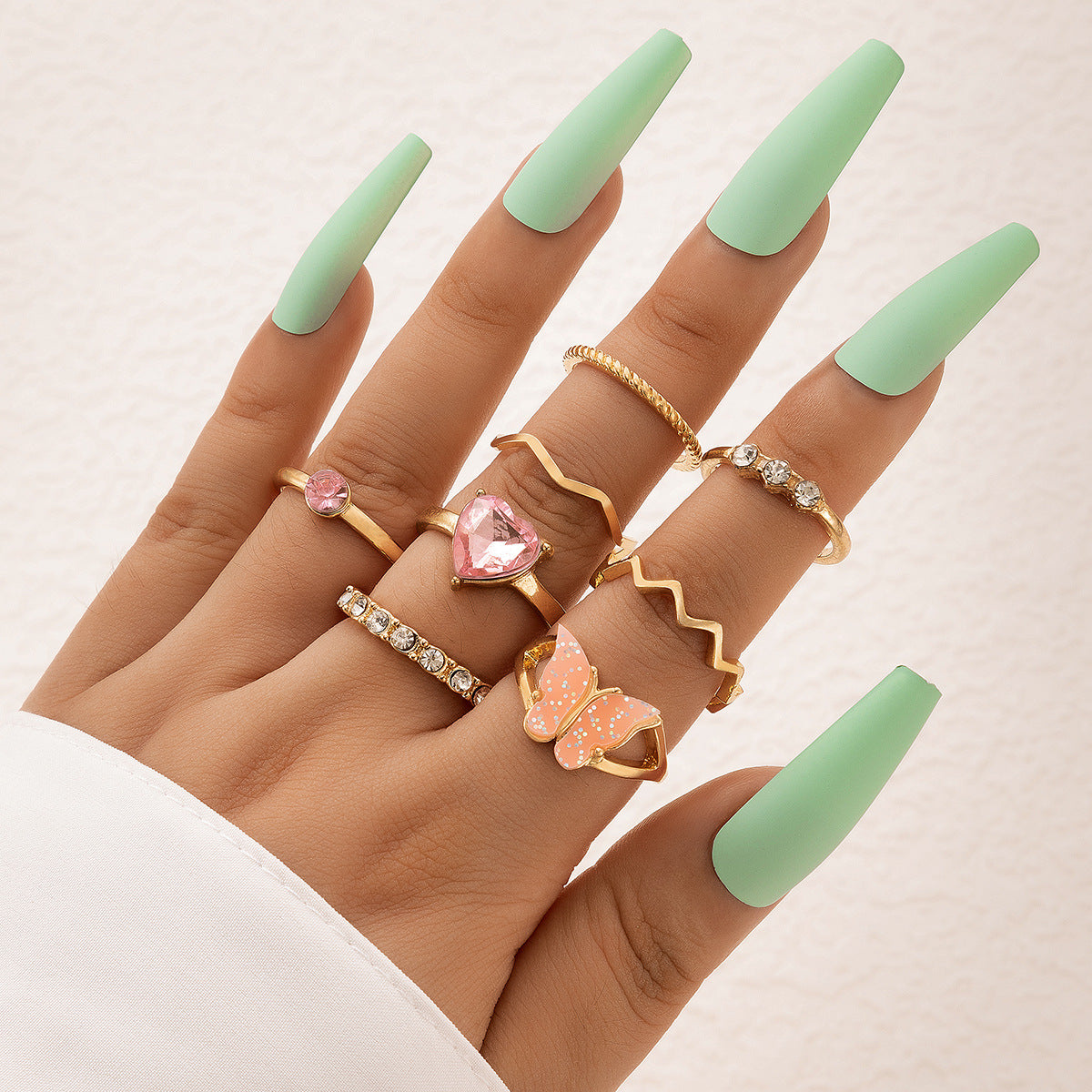 Set Of Seven Geometric Hemp Pattern Rings