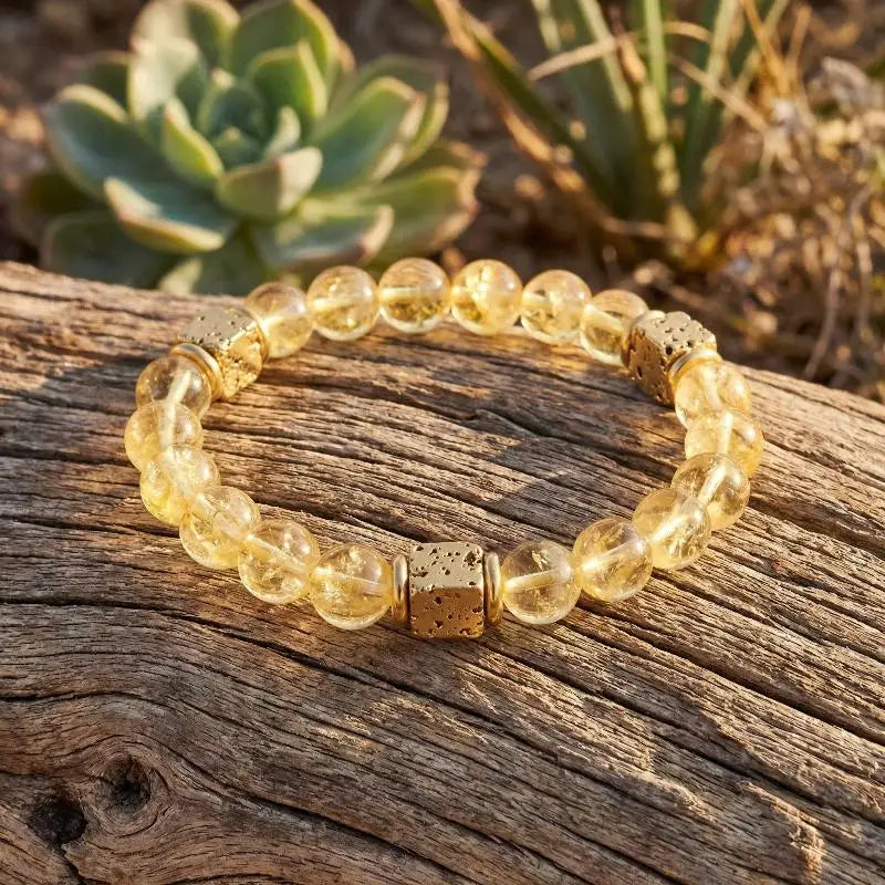 A beaded stretch bracelet made of clear round beads with embedded gold flecks and two textured gold spacer beads, resting on a weathered wooden log with succulents in the background.