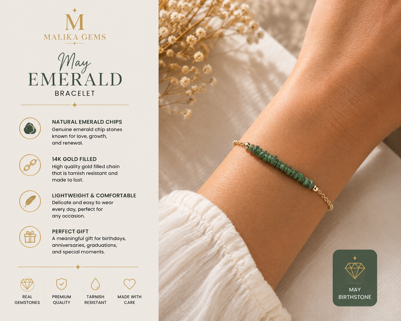 Model wearing a gold emerald gemstone chip bracelet with Malika Gems product features and May birthstone information.