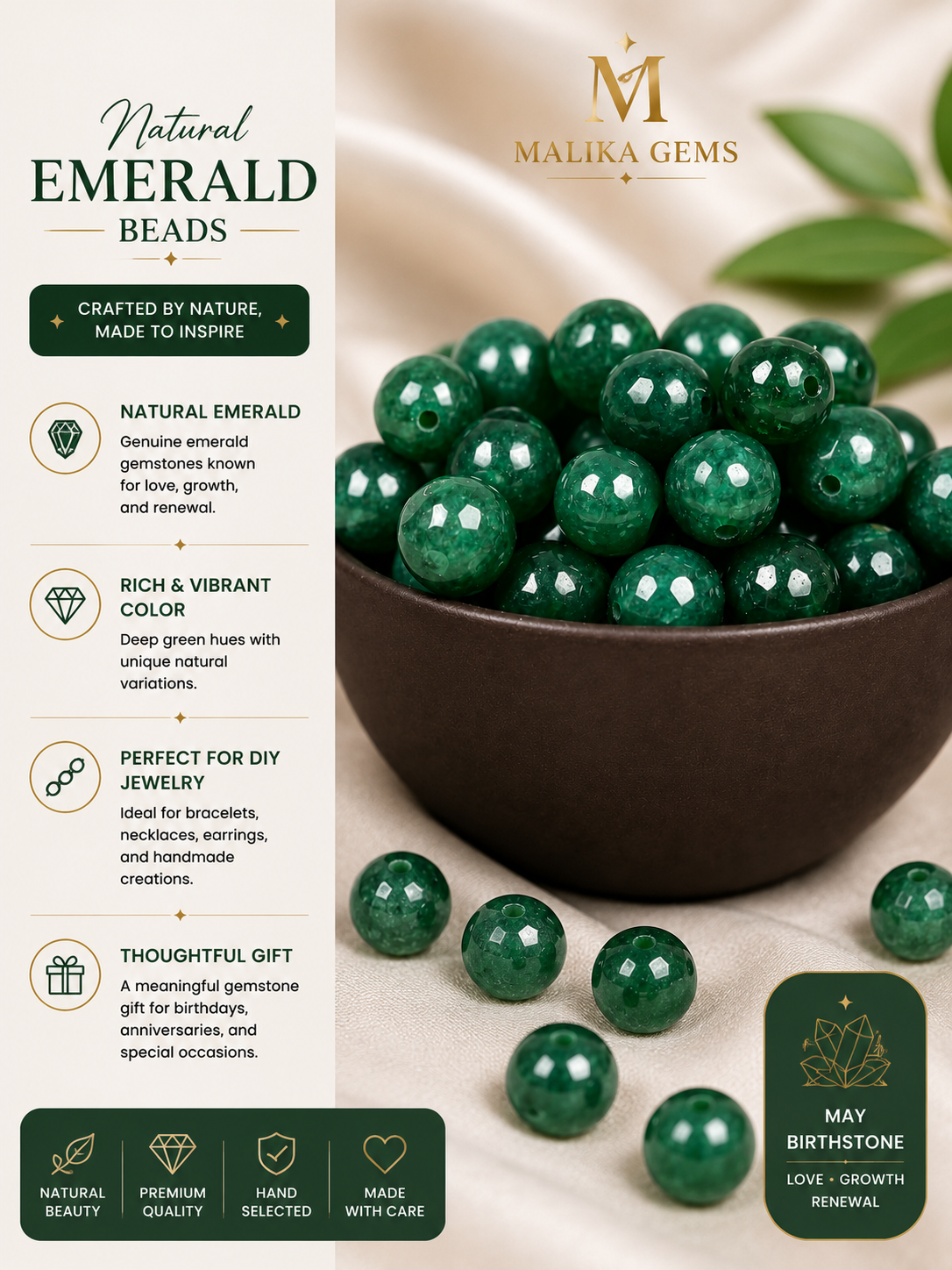 Natural emerald beads in a dark bowl with scattered loose beads, on a cream background with text overlays describing the beads and brand 'Malika Gems'.