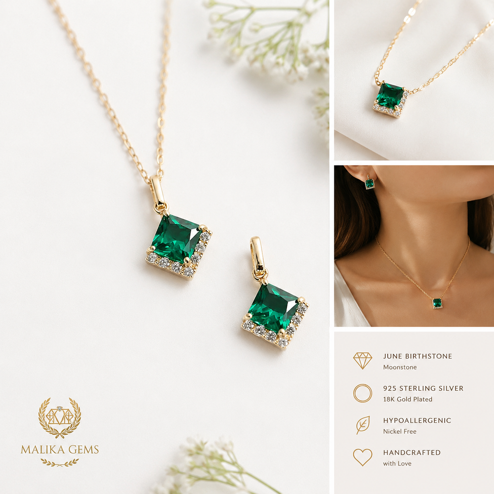 Square Emerald Pendant Necklace – Gold Clavicle Chain for Women