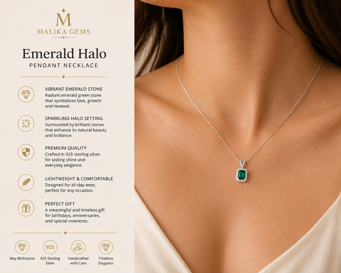 Emerald Clavicle Necklace – Sterling Silver Green Gemstone Pendant