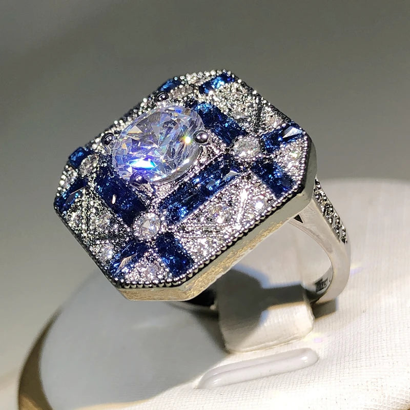 Blue & White Zircon Geometric Statement Ring in Sterling Silver