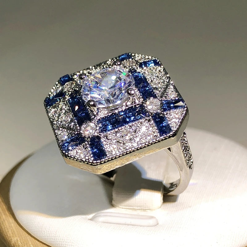 Blue & White Zircon Geometric Statement Ring in Sterling Silver