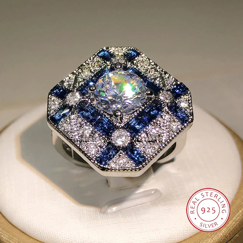 Blue & White Zircon Geometric Statement Ring in Sterling Silver