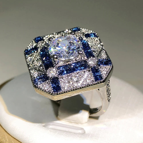 Blue & White Zircon Geometric Statement Ring in Sterling Silver