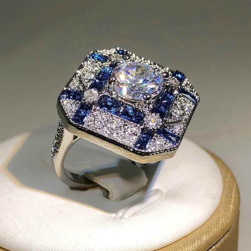 Blue & White Zircon Geometric Statement Ring in Sterling Silver