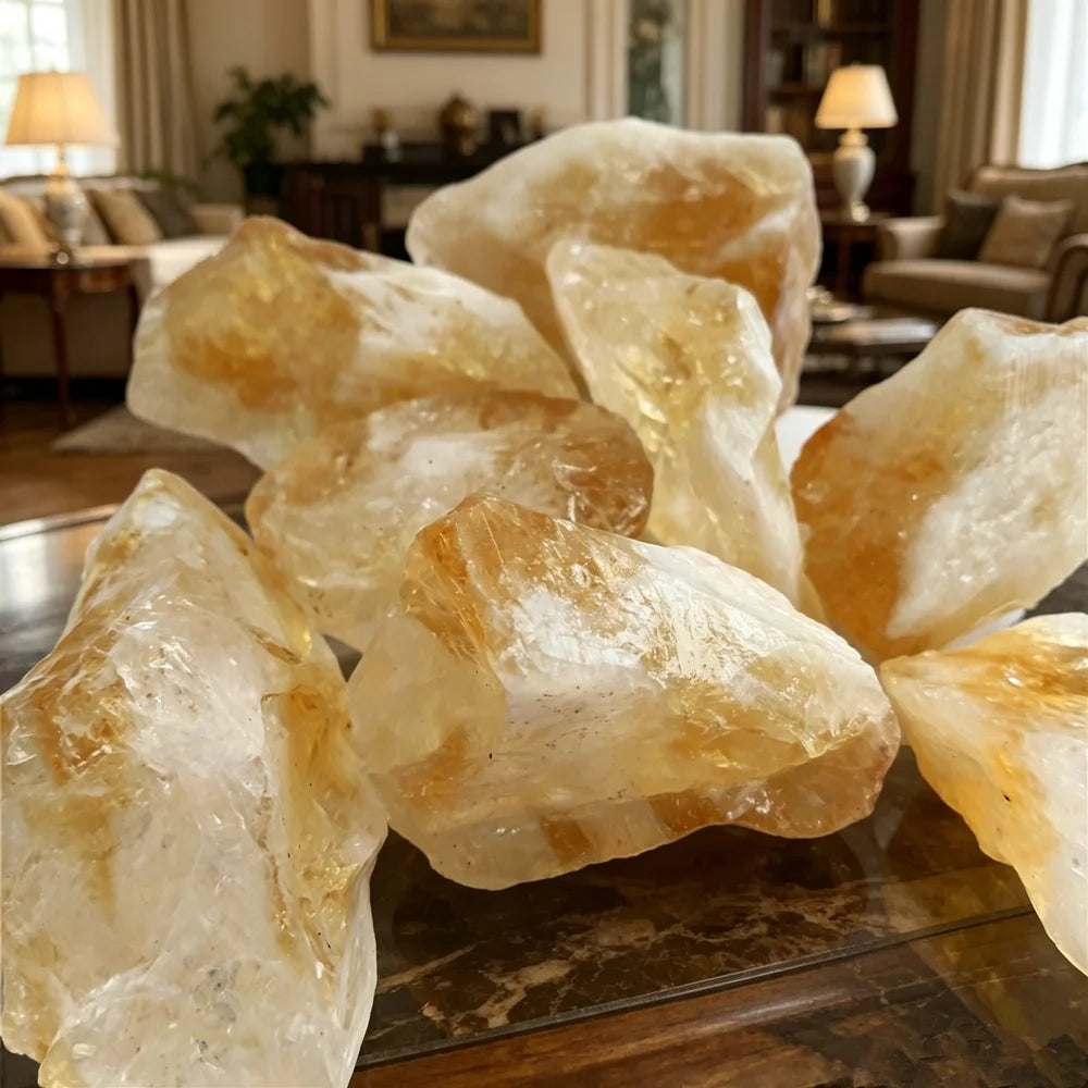 Large crystal rocks on a glass table in a living room setting