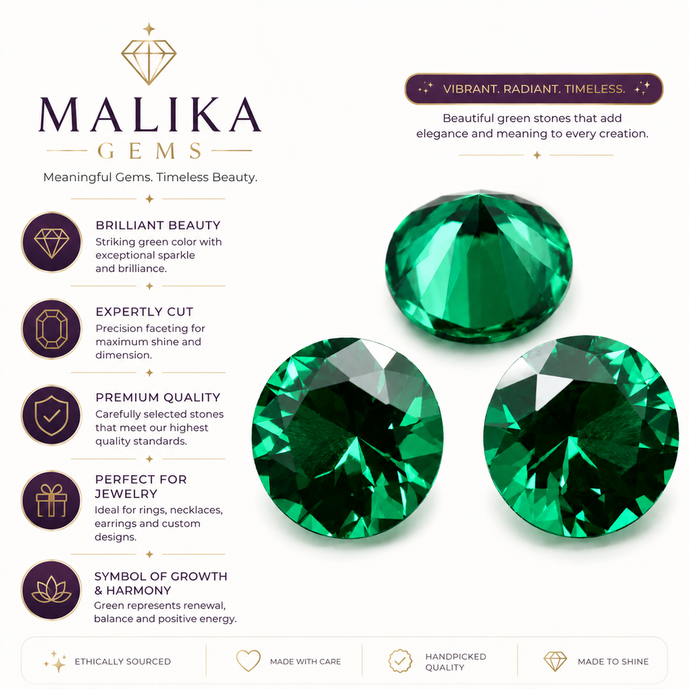 An infographic banner for Malika Gems featuring two round brilliant-cut emerald green stones on a cream background, surrounded by descriptive text and gold icon graphics.