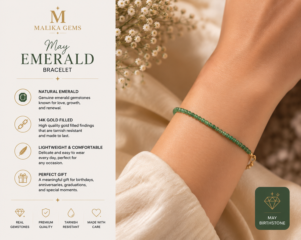 A green beaded bracelet with a gold clasp worn on a woman's wrist, shown next to a product information panel on the left and a May Birthstone badge on the bottom right.