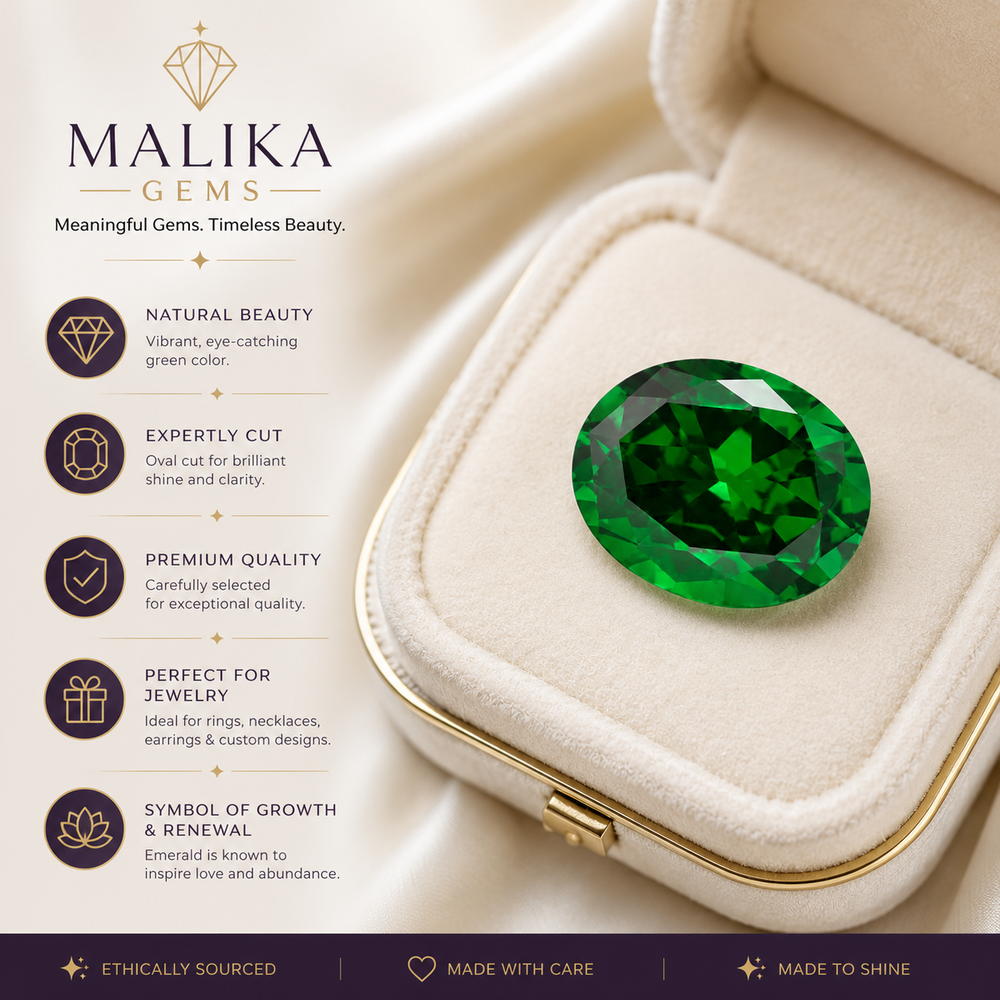 A green oval-cut gemstone displayed in an open cream-colored jewelry box, with the brand name 'MALIKA GEMS' and marketing text on a cream background.