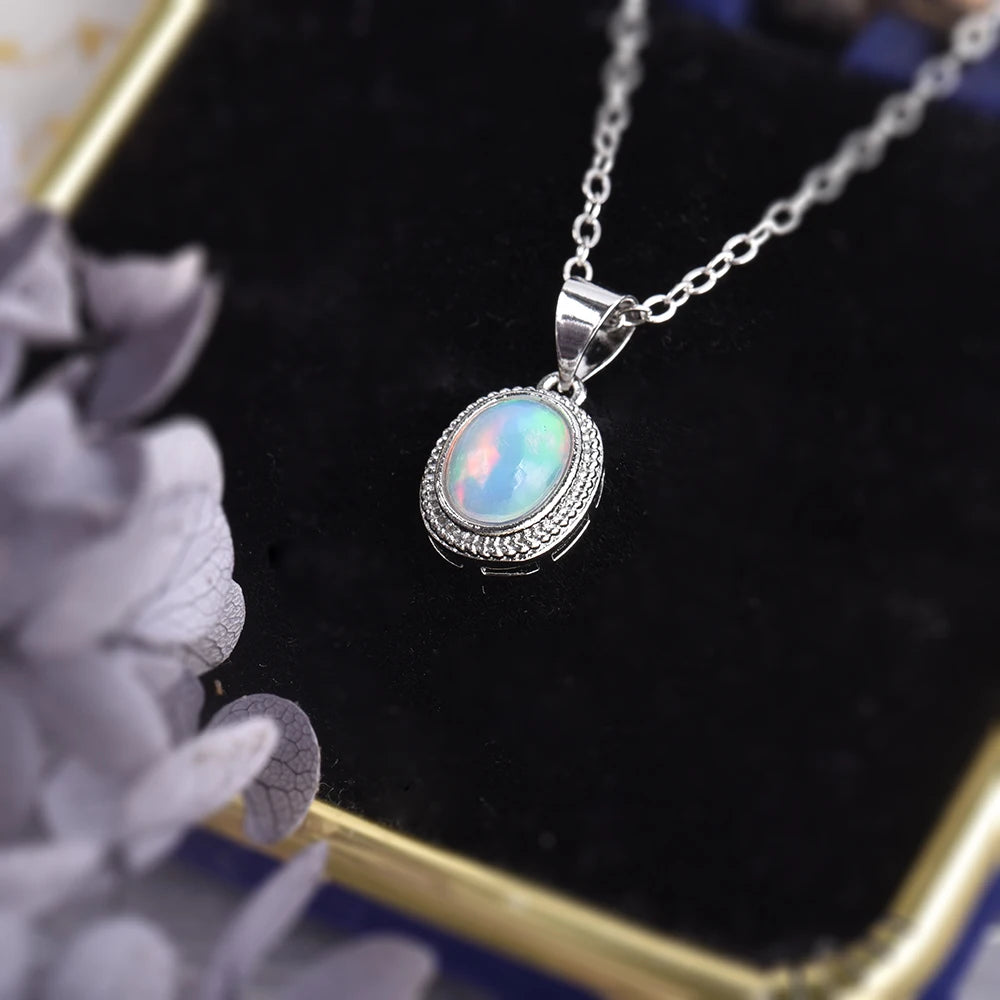 Natural Opal Pendant Necklace – 925 Sterling Silver October Birthstone Jewelry