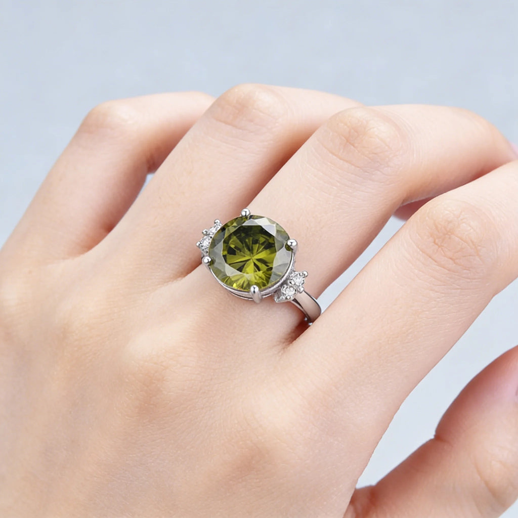 August Birthstone Peridot Cubic Zirconia Ring, Large Oval Cluster Statement Band in Silver for Women, Bold & Elegant Jewelry