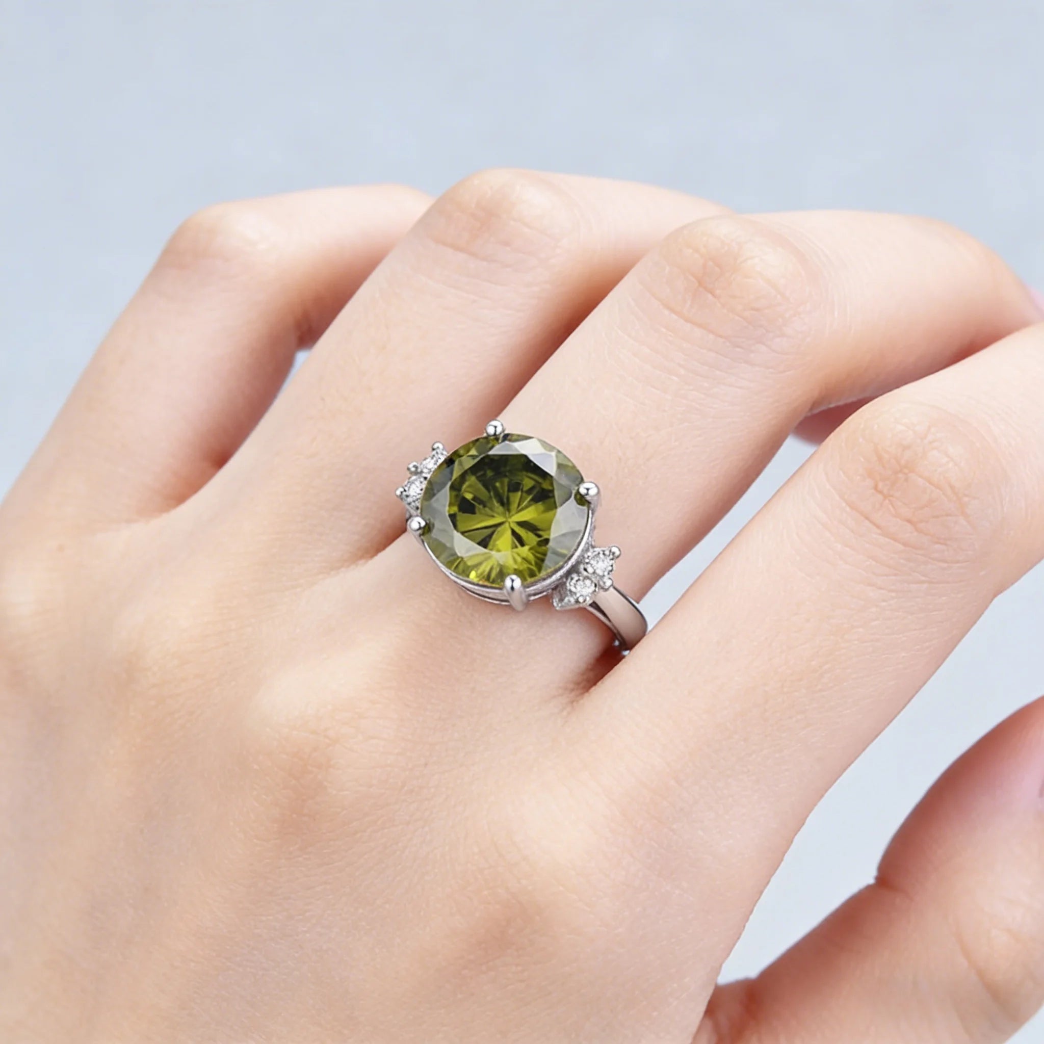 August Birthstone Peridot Cubic Zirconia Ring, Large Oval Cluster Statement Band in Silver for Women, Bold & Elegant Jewelry