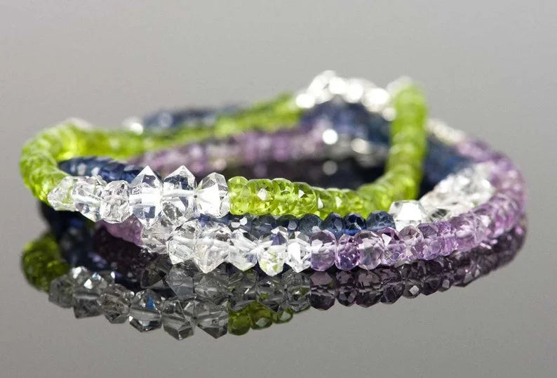 Peridot Herkimer Diamond Gemstone Bracelet, Handmade Gemstone Jewelry, Green Gemstone with White Crystals Bracelet