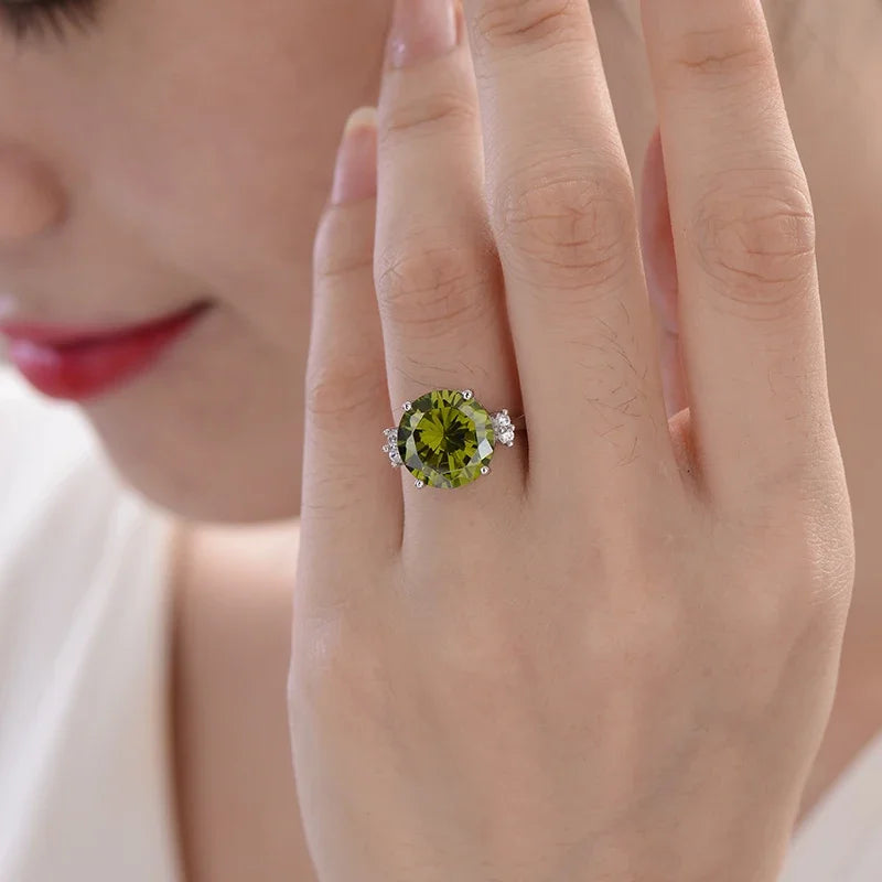 August Birthstone Peridot Cubic Zirconia Ring, Large Oval Cluster Statement Band in Silver for Women, Bold & Elegant Jewelry