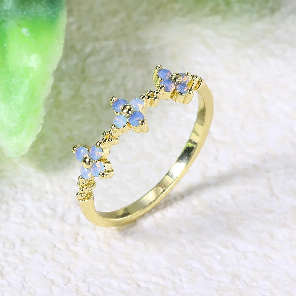 Natural Opal Clover Ring for Women – 18K Gold Plated Adjustable Ring