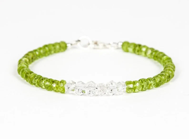 Peridot Herkimer Diamond Gemstone Bracelet, Handmade Gemstone Jewelry, Green Gemstone with White Crystals Bracelet