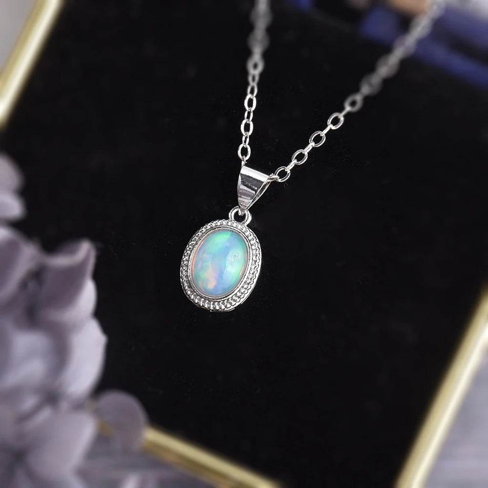 Natural Opal Pendant Necklace – 925 Sterling Silver October Birthstone Jewelry