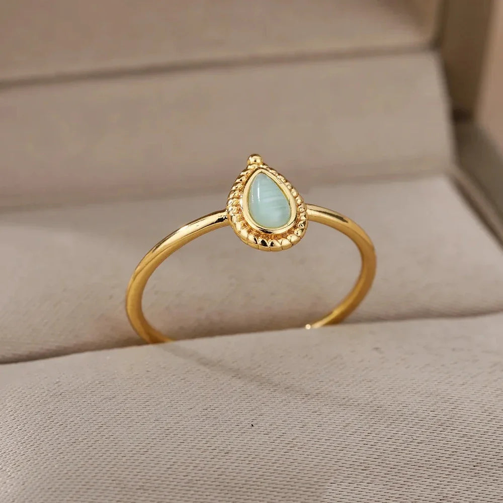 Natural Opal Teardrop Ring – Gold Plated Adjustable Gemstone Ring