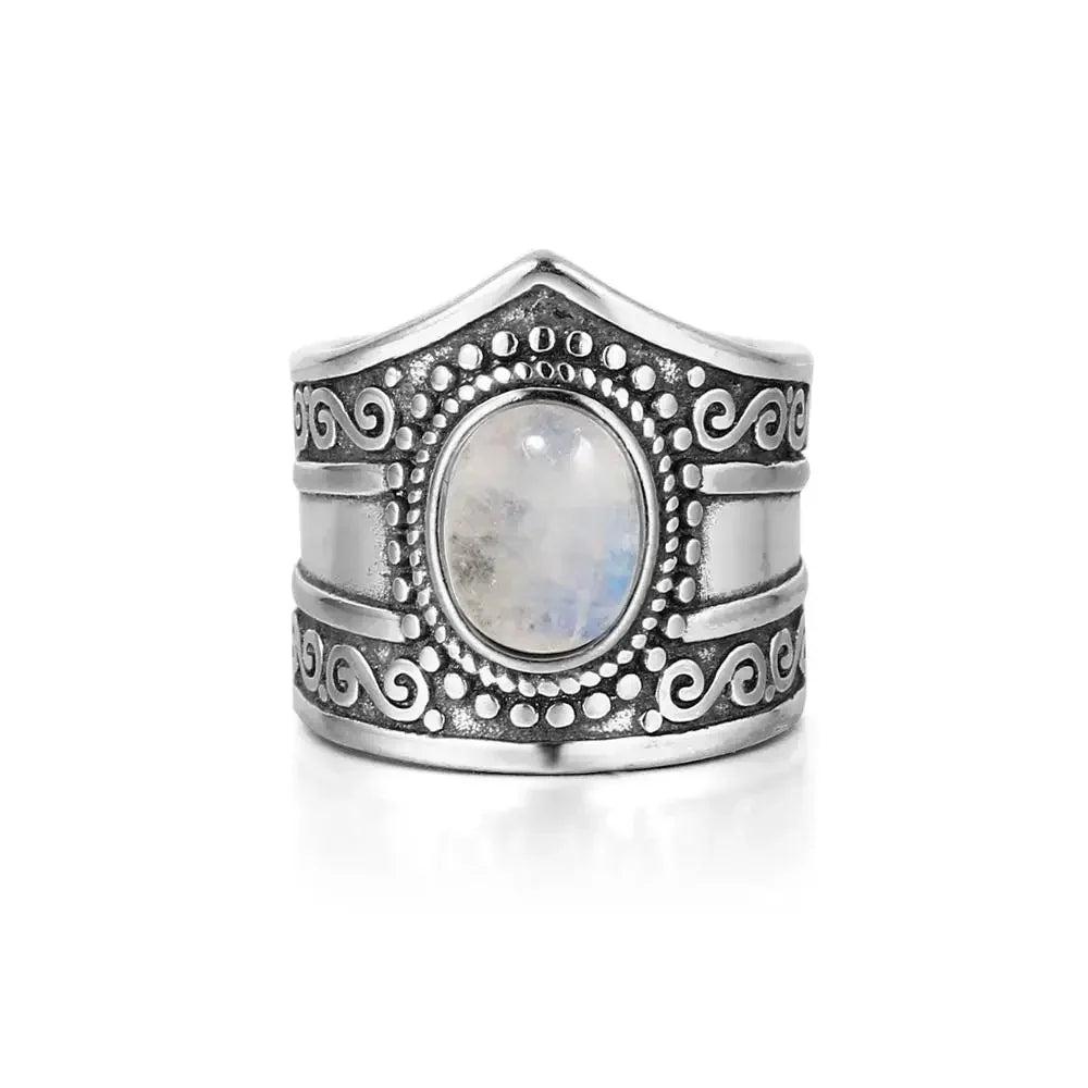 Natural Rainbow Moonstone Cabochon Ring
