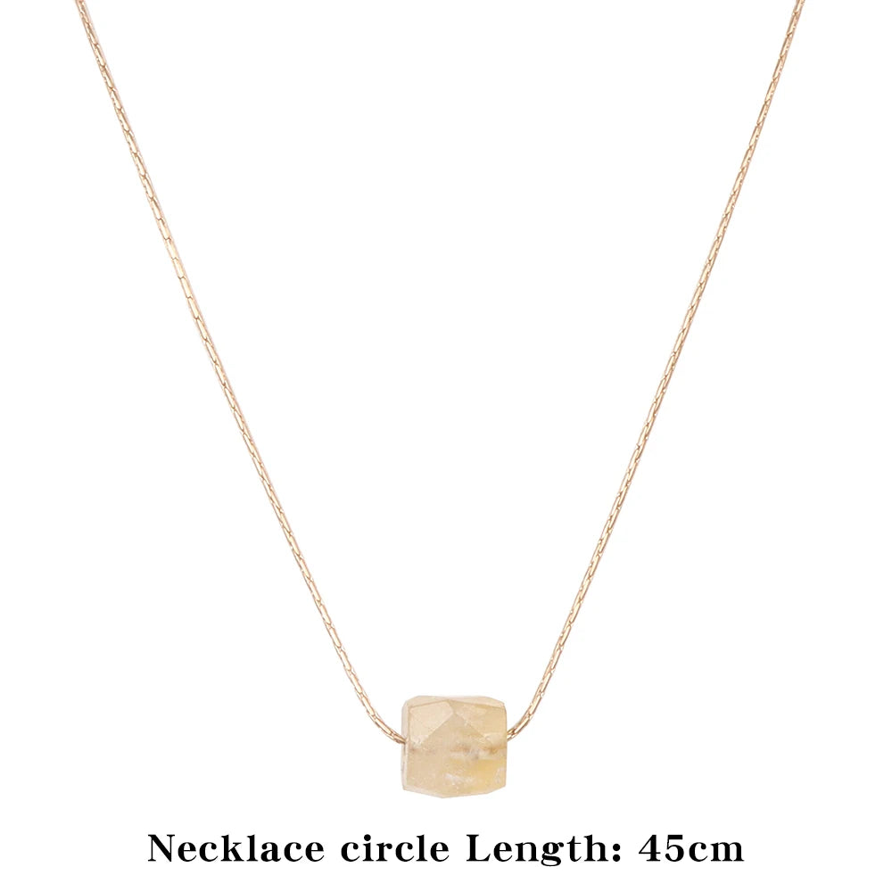 Natural Stone Citrine Beads Necklace Square Faceted Raw Mineral Stone Pendant Fashion Gold Color Adjustable Chain Pendant Gifts