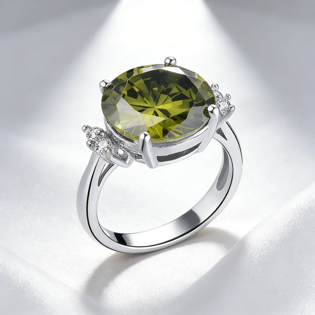 August Birthstone Peridot Cubic Zirconia Ring, Large Oval Cluster Statement Band in Silver for Women, Bold & Elegant Jewelry
