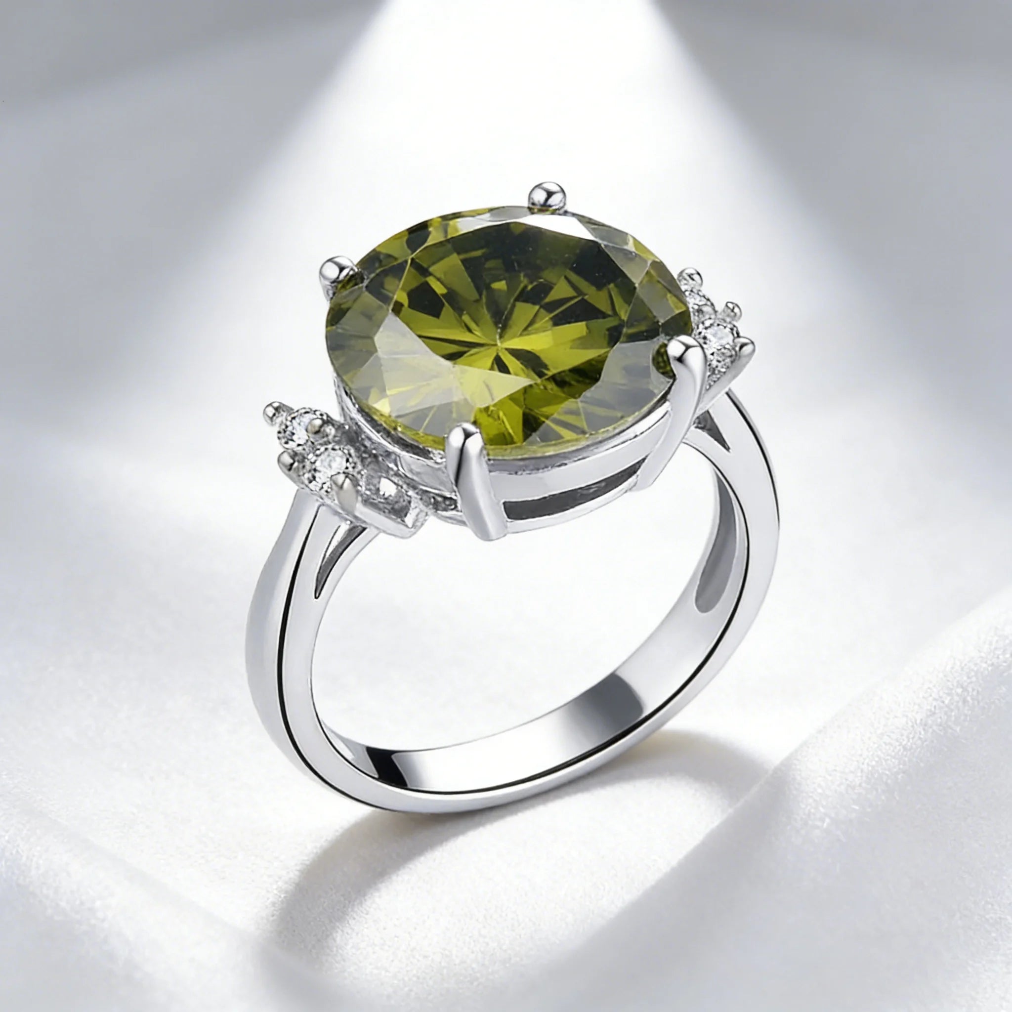 August Birthstone Peridot Cubic Zirconia Ring, Large Oval Cluster Statement Band in Silver for Women, Bold & Elegant Jewelry