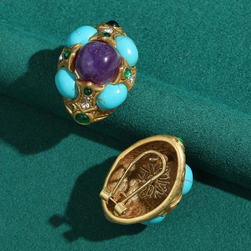 Vintage Blue Turquoise Earrings | Antique Gold Finish