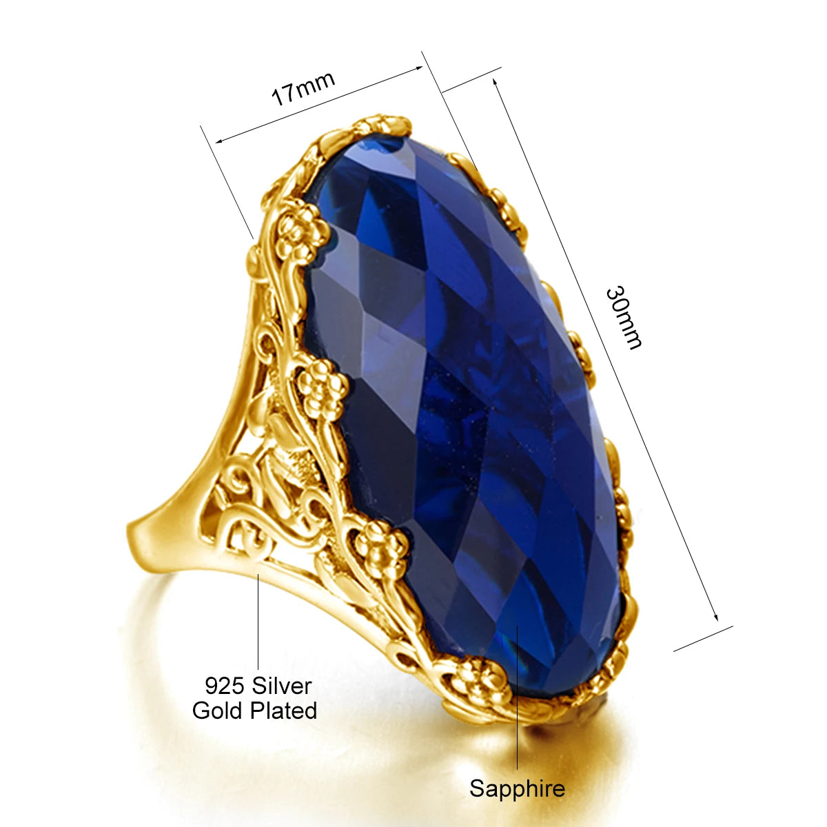 Floral Sapphire Statement Ring with Gold Finish