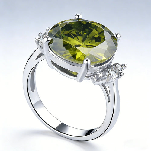August Birthstone Peridot Cubic Zirconia Ring, Large Oval Cluster Statement Band in Silver for Women, Bold & Elegant Jewelry