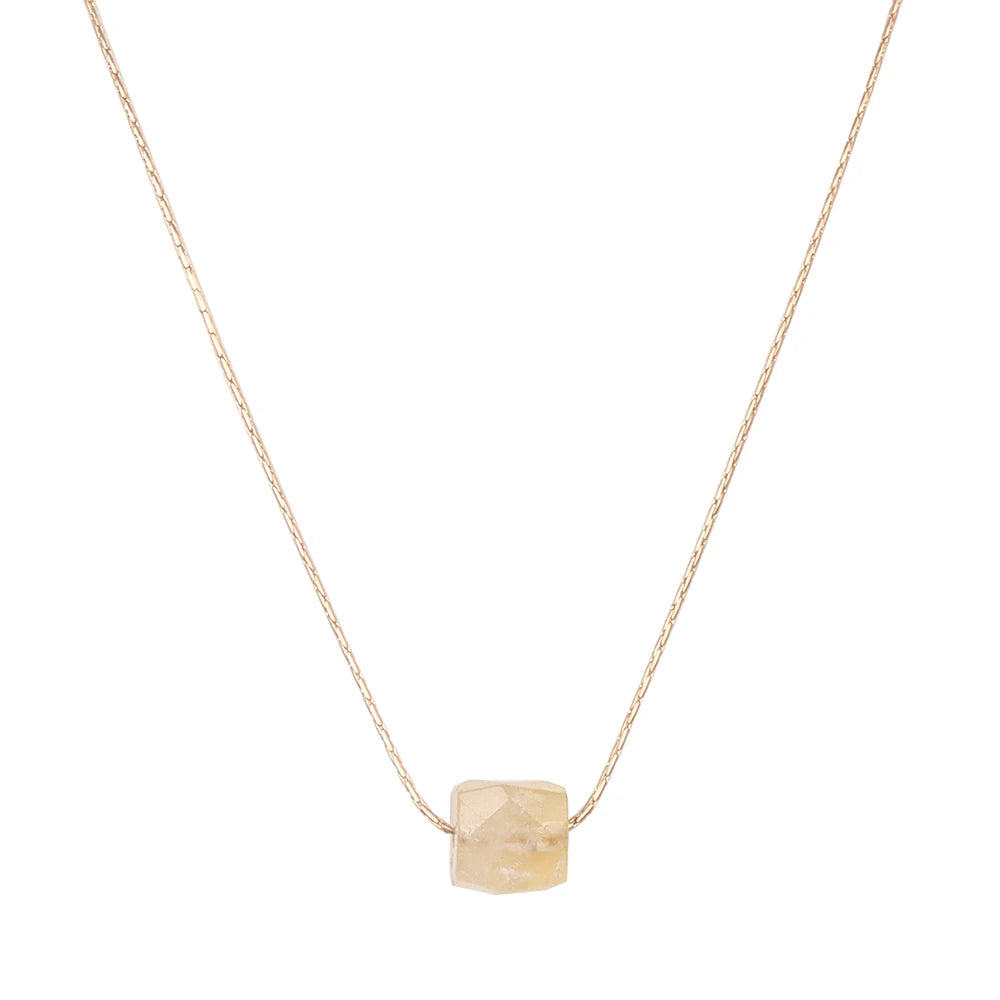 Natural Stone Citrine Beads Necklace Square Faceted Raw Mineral Stone Pendant Fashion Gold Color Adjustable Chain Pendant Gifts