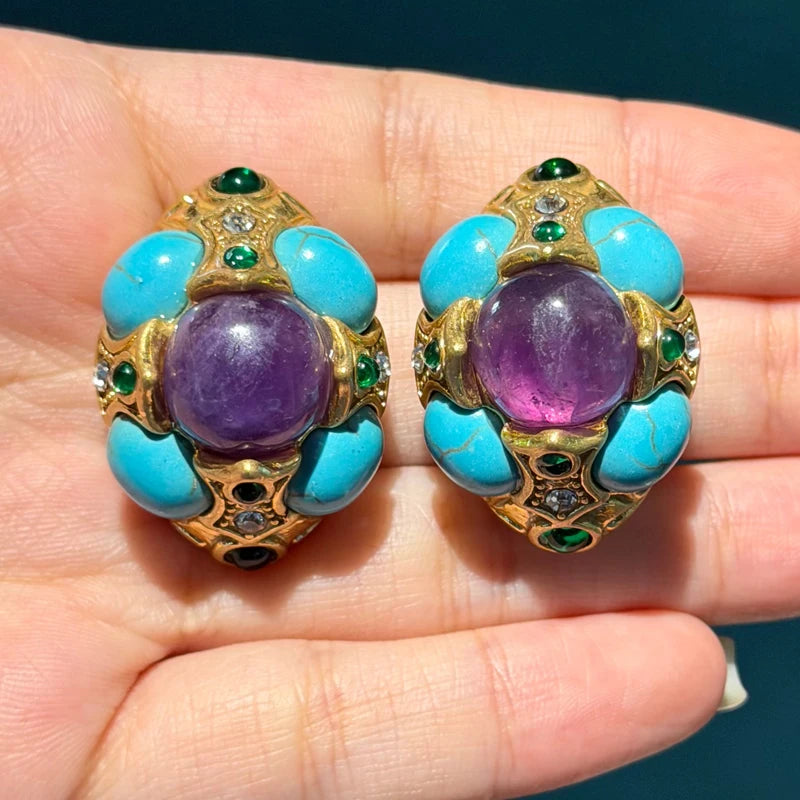 Vintage Blue Turquoise Earrings | Antique Gold Finish