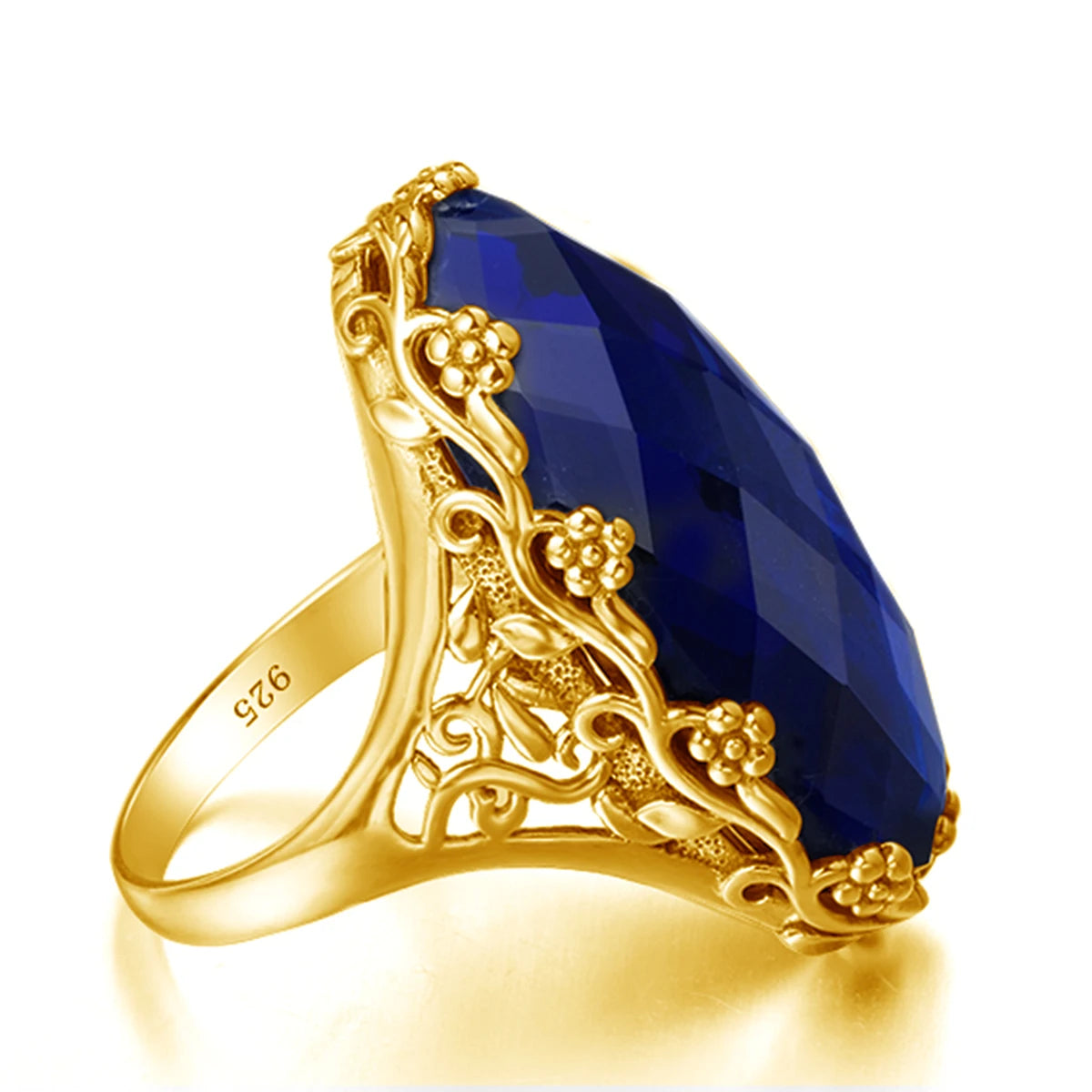 Floral Sapphire Statement Ring with Gold Finish