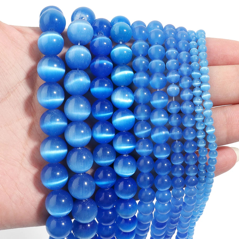 Natural Blue Cat Eye Gemstone Beads for Jewelry Making