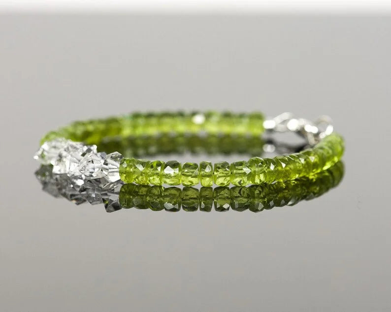 Peridot Herkimer Diamond Gemstone Bracelet, Handmade Gemstone Jewelry, Green Gemstone with White Crystals Bracelet