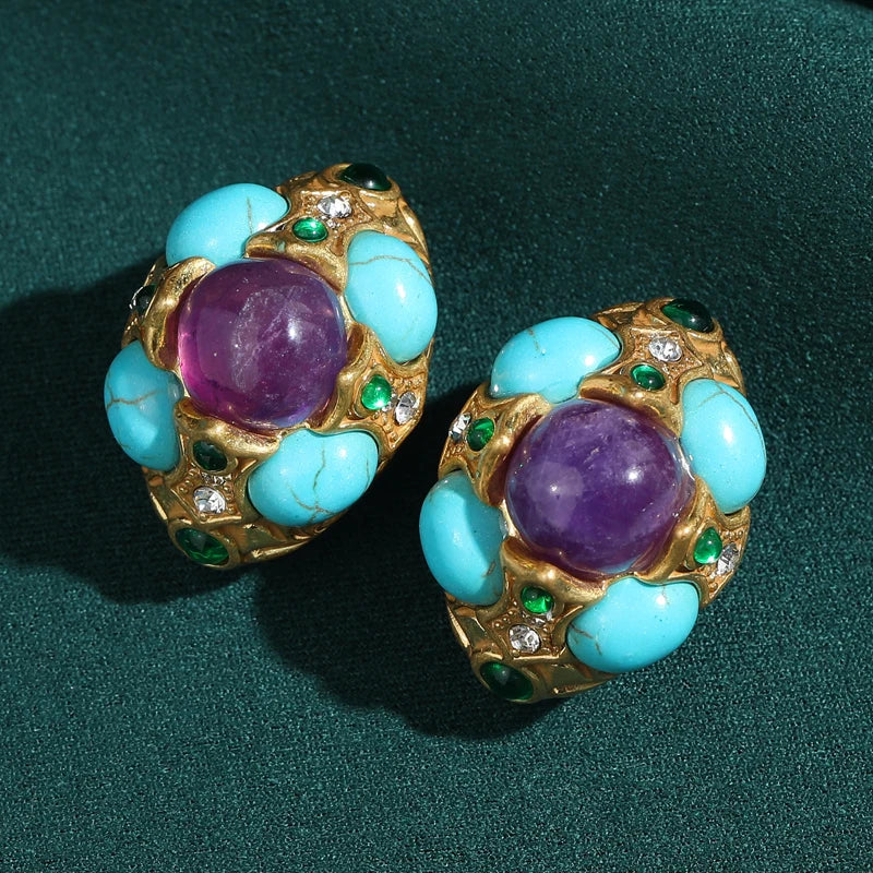 Vintage Blue Turquoise Earrings | Antique Gold Finish
