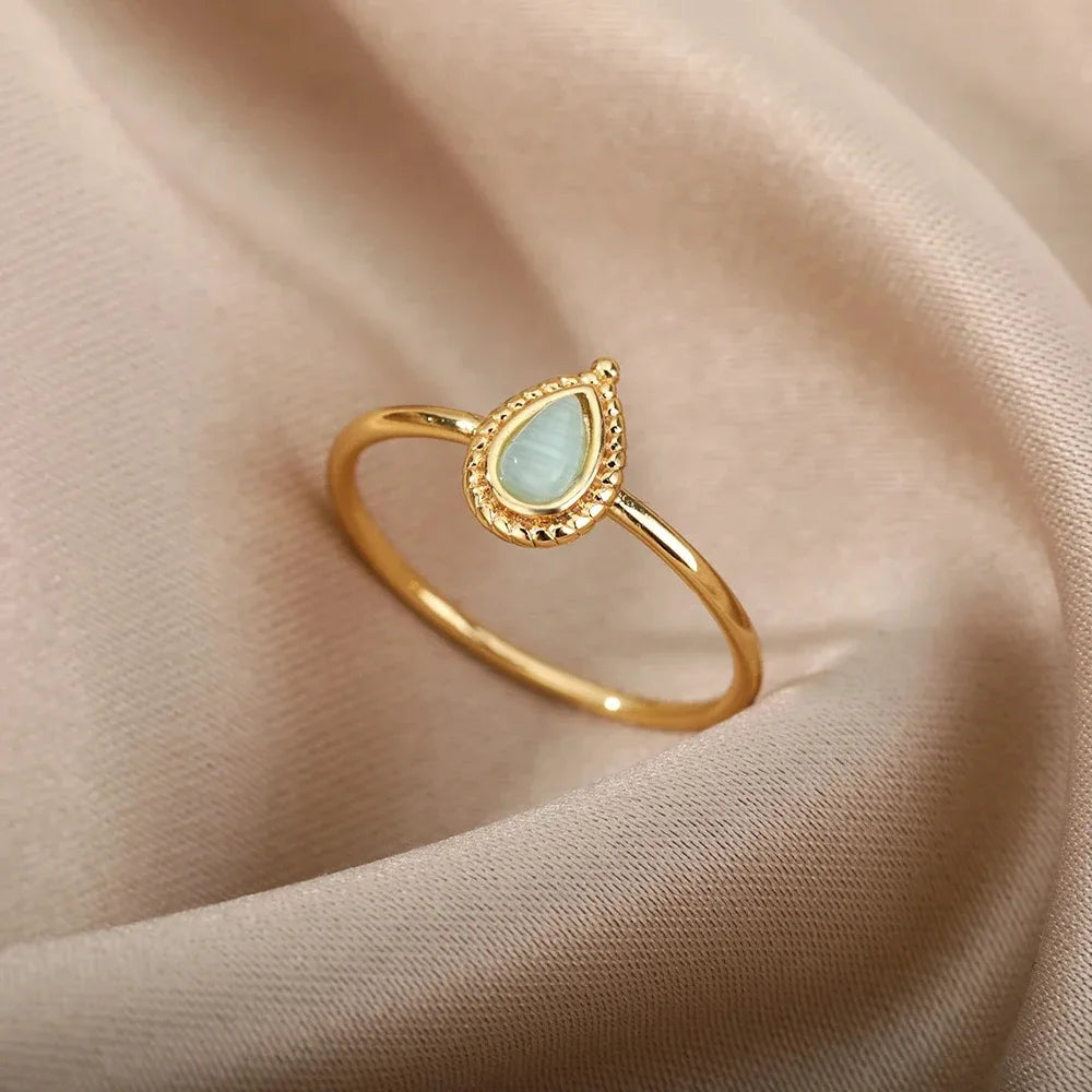 Natural Opal Teardrop Ring – Gold Plated Adjustable Gemstone Ring