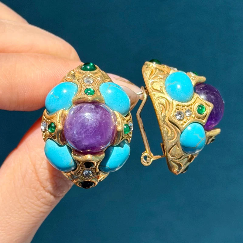 Vintage Blue Turquoise Earrings | Antique Gold Finish