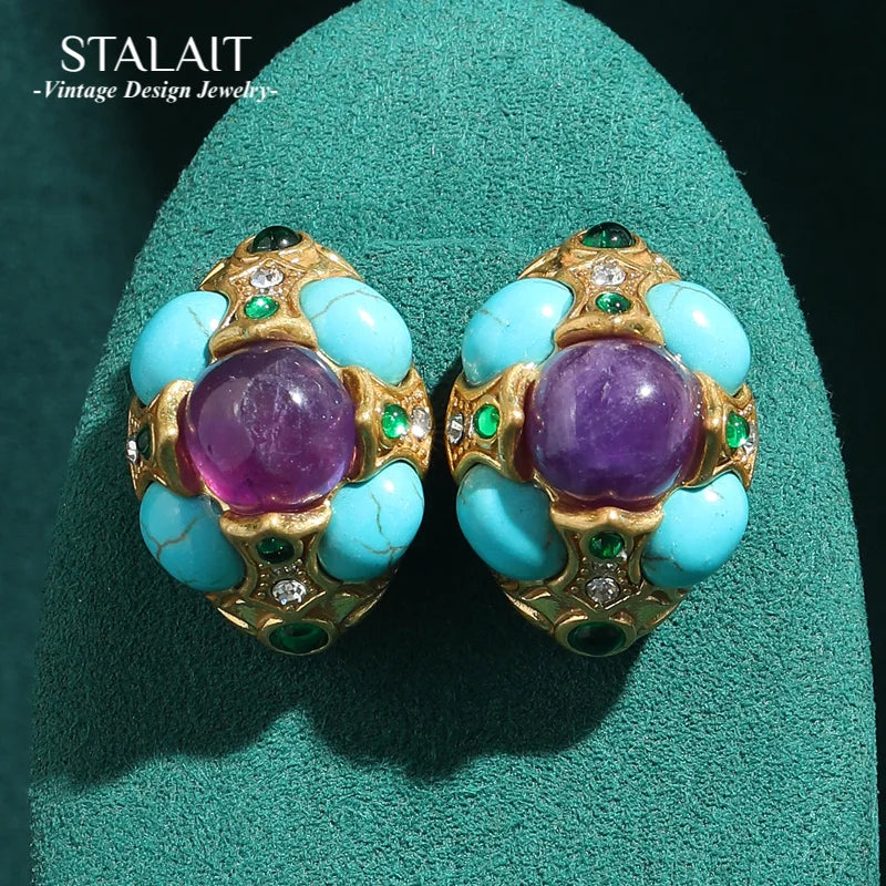 Vintage Blue Turquoise Earrings | Antique Gold Finish