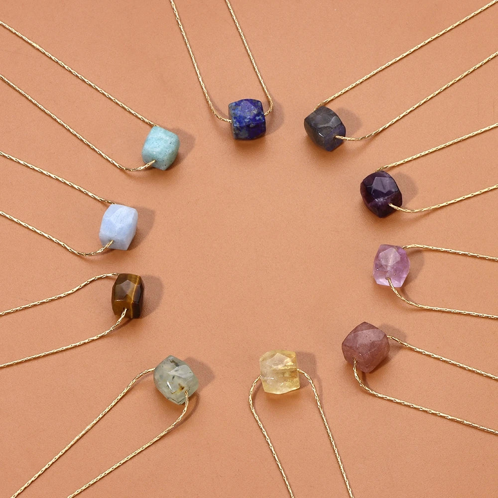 Natural Stone Citrine Beads Necklace Square Faceted Raw Mineral Stone Pendant Fashion Gold Color Adjustable Chain Pendant Gifts