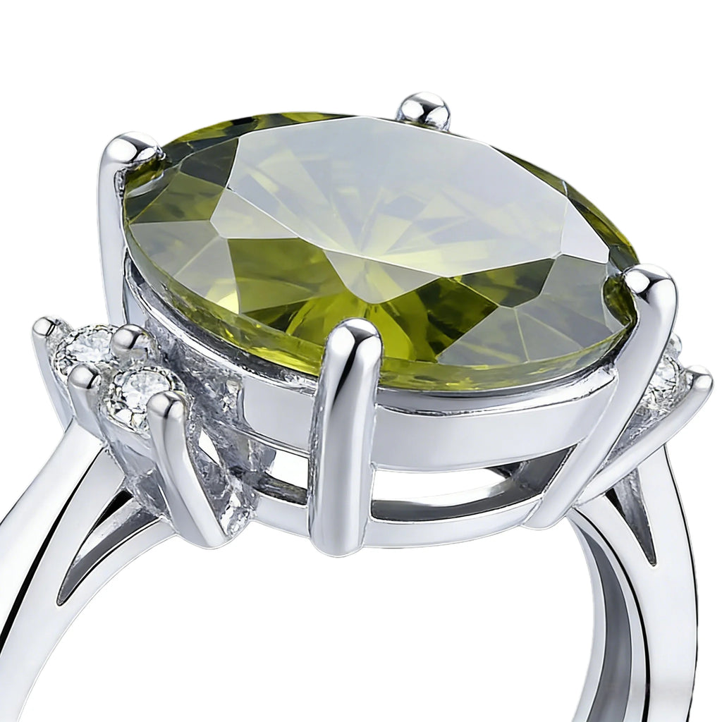 August Birthstone Peridot Cubic Zirconia Ring, Large Oval Cluster Statement Band in Silver for Women, Bold & Elegant Jewelry