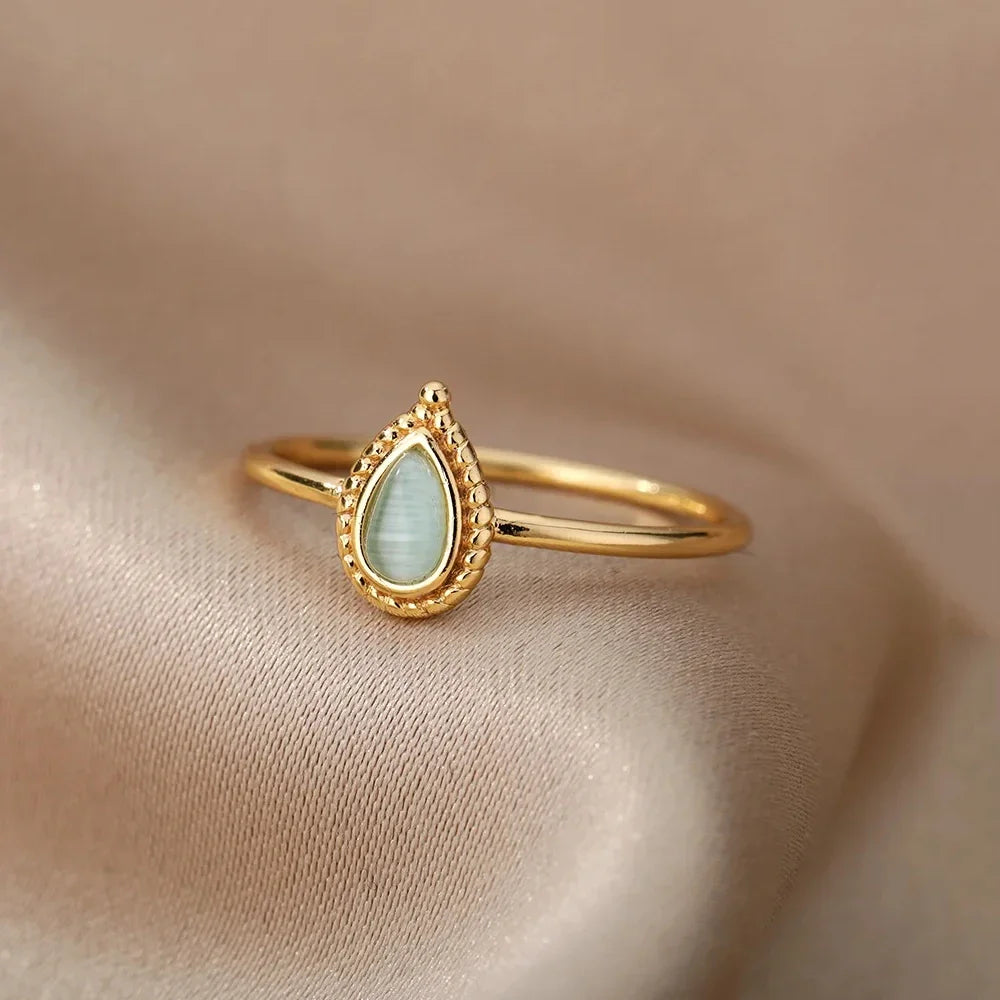 Natural Opal Teardrop Ring – Gold Plated Adjustable Gemstone Ring