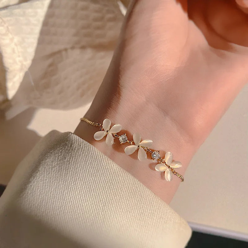 Natural Opal Flower Bracelet – Gold Plated Adjustable Bracelet for Women